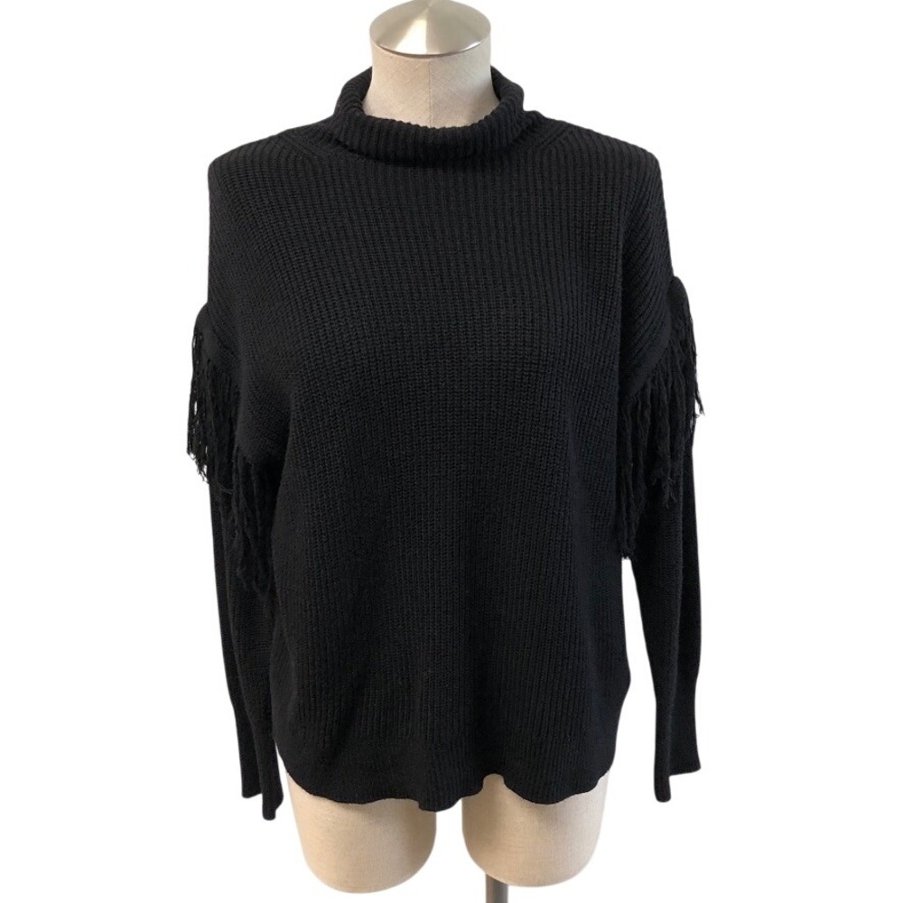 Ramy Brook Sweater Womens Small Black Fringe Mock Neck Cashmere Blend Ribbed